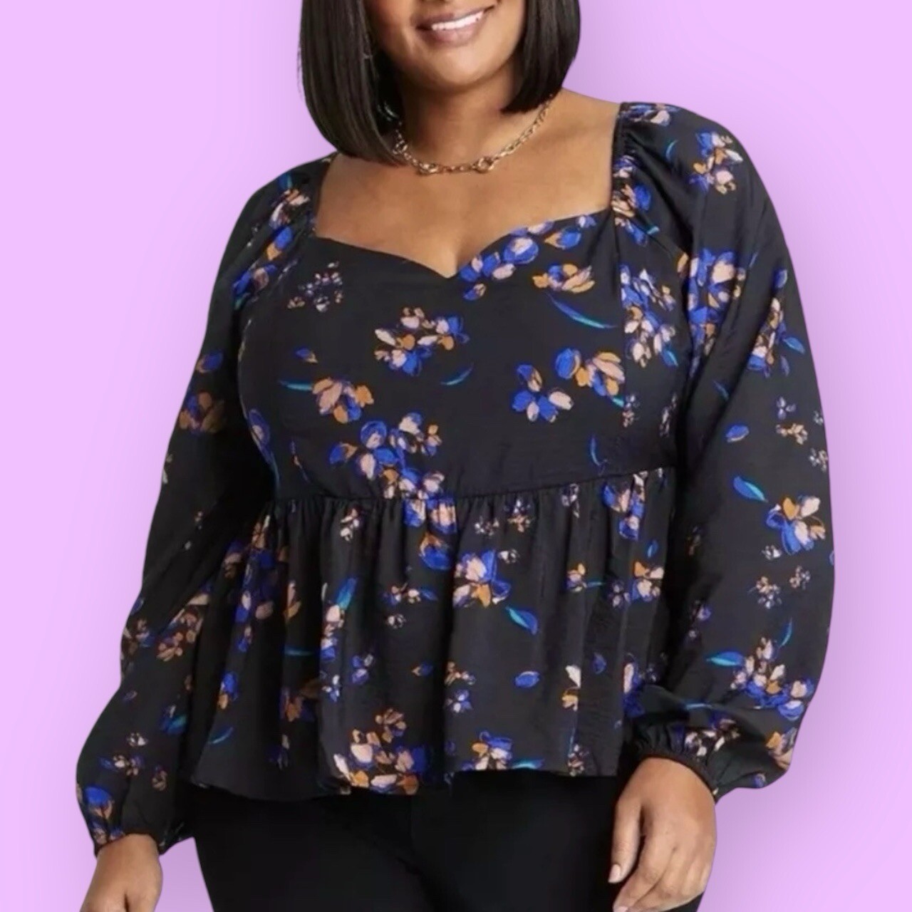 Ava & Viv Black Floral Babydoll Balloon Sleeve Peplum Top Women’s Plus 1X
