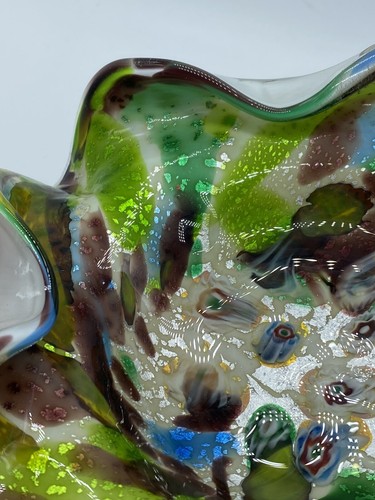 Art Glass Tuti Fruiti Millefiori Metallic Square Dish Folded Edges - Picture 15 of 16