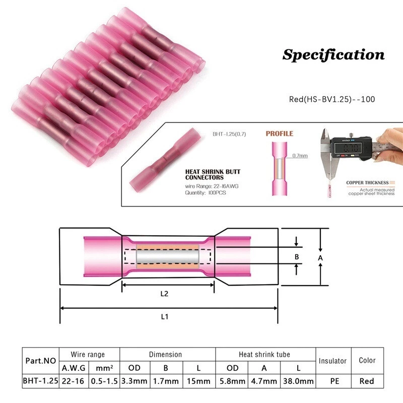 50-1000X Red Heat Shrink Wire Butt Connector 22-16AWG Waterproof Splice Terminal - Image 3 of 4
