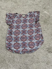 Loft Womens Shirt Size Small Multicolor Print Keyhole Back Flowy Flutter Sleeve