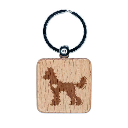 Chinese Crested Dog with Heart Engraved Wood Square Keychain Tag Charm - Afbeelding 1 van 6