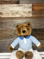 Dark Brown Tan Teddy Bear w Blue Stripe Shirt Plush Stuffed Animal