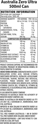 Monster Energy Zero Ultra 24x500ml Citrus High Caffeine Australia - Picture 4 of 7
