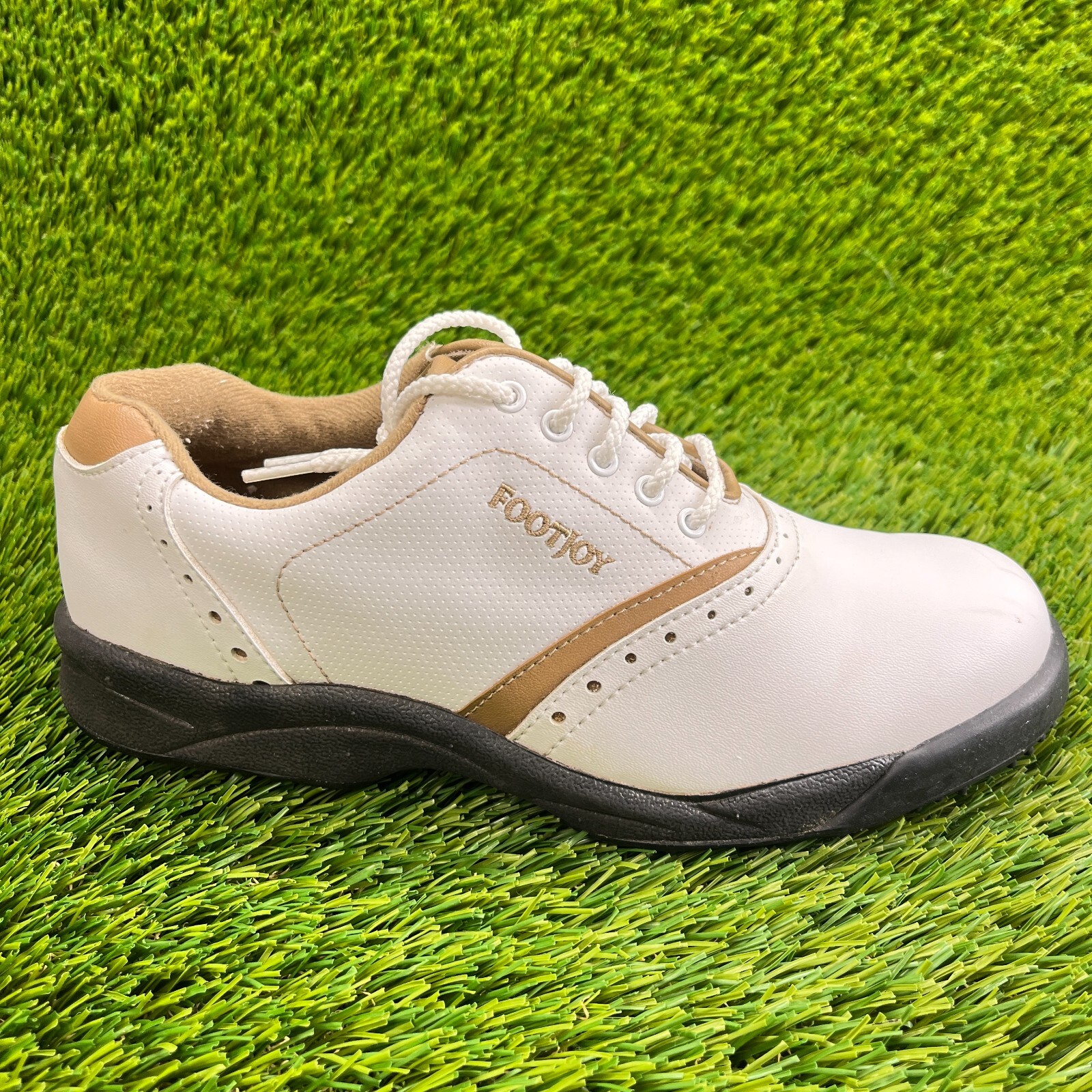 Footjoy Greenjoys Womens Size 6.5M White Brown Athletic Golf Shoes Cleats 48762
