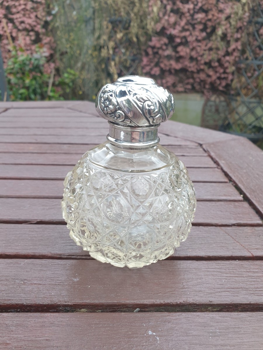ANTIQUE SILVER CRYSTAL CUT GLASS PERFUME SCENT BOTTLE Birmingham 1904