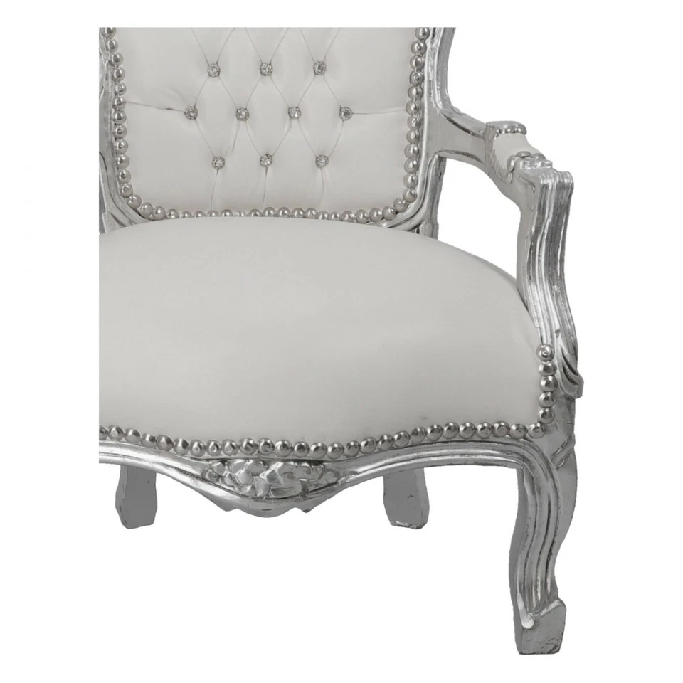 Poltrona con braccioli barocco in foglia argento pelle bianca BAMBINI CAMERETTA - Immagine 3 di 4