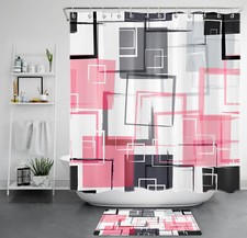 Abstract Modern Pink and White Geometric Shower Curtain Bathroom Accessories Set