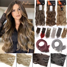 US 8 Pieces Clip In Hair Extensions Full Head Natural As Human Real Thick Wavy