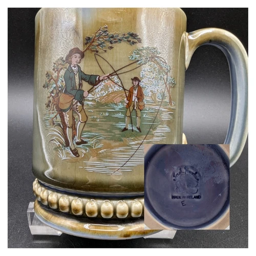 Wade Irish Porcelain Mug Gentlemen Fishing River Green Blue Ireland Vintage