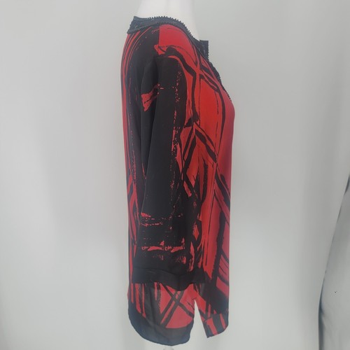 Chico's Red Black Beaded Slit Neck Pullover Blouse Top 3/4 Sleeve Size Small - Picture 4 of 6