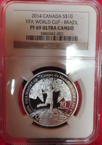 2014 CANADA  99.99 PURE SILVER PROOF $10 FIFA WORLD CUP SOCCER BRAZIL NGC PF69
