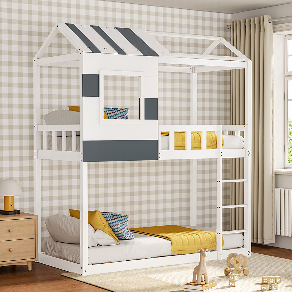Twin Bunk Bed Frame Kids Room Slatted Pine Wood Cabin Tiers