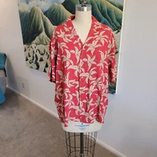 Vtg Paradise Found Hawaiian Rayon Shirt Large Red Camp Palm Tree Beach 