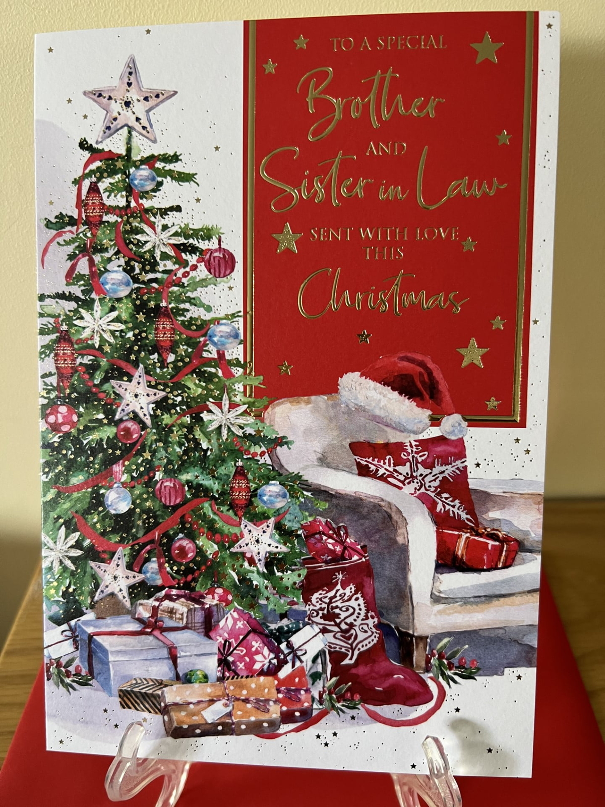 Christmas Card Brother & Sister-In-Law - Foil Finish Cherry Orchard 5.6"" x 8.2""