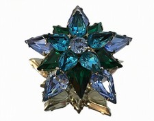 Tiered Rhinestone Star Brooch Pin Blue Green Aqua Silver Tone Vintage