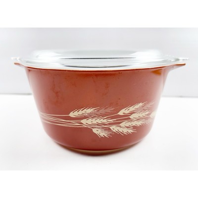 Pyrex Autumn Harvest Wheat Casserole Dish Glass Lid Fall Burnt Orange Baking