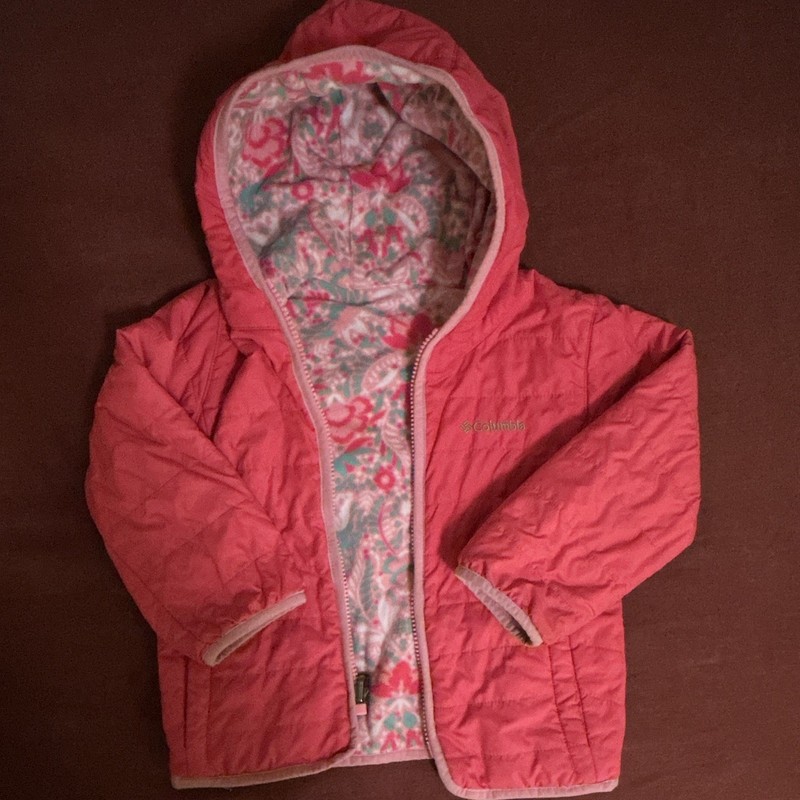 Columbia Girls Reversible Quilted Hooded Pink Zip Jacket Floral Size 4 Nylon