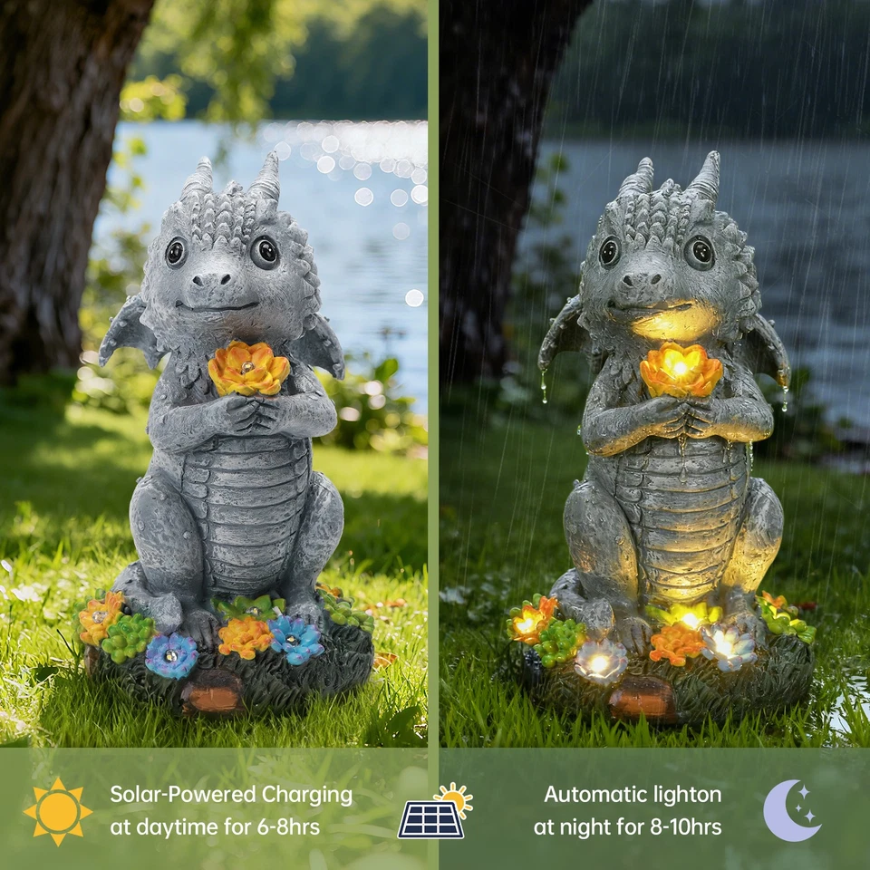 Jardín Solar Exterior Estatuas Dragón Sosteniendo Flor con Luces LED Solares - Césped Foto 4 de 4