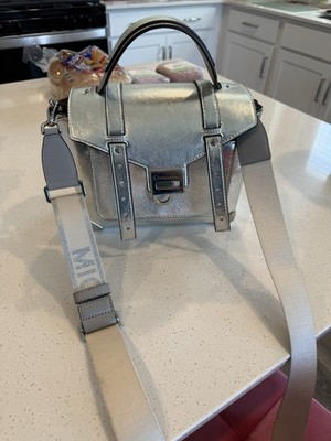 Michael Kors Metallic Silver Leather Satchel Logo Strap Crossbody Purse Bag