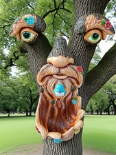 Tree Face Decor Outdoor: Tree Trunk Hugger Sculptures with Bird Feeder - Old Man