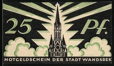 Notgeld Wandsbek 1921, 25 Pf., Darstellung einer Kirche mit Lichtstrahlen und W 