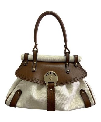 FENDI Borsa Magic Piccola Knit Bag Handbag Flap Canvas Beige Brown