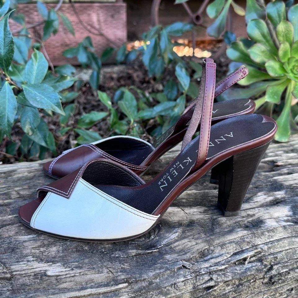 Anne Klein Peep Toe Slingback Brown White Colorblock Italy Heels Women’s Size 6M - Image 3 of 4