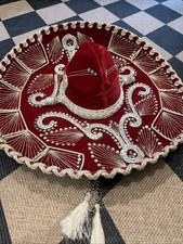 Beautiful Sombrero -mariachi  Red Velvet With Sequins In Well Kept Condition 