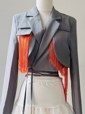Cropped Gray Blazer with Orange Fringe Accent