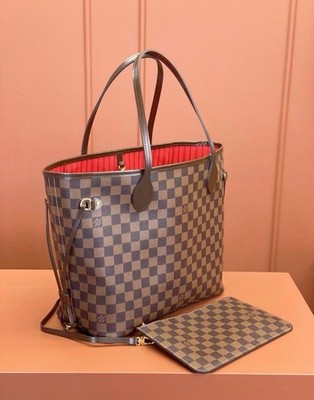 Louis Vuitton Neverfull MM Damier Ebene Tote with Pouch Brown Red Lining