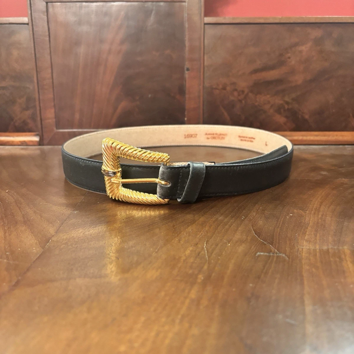 Anne Klein, vintage Black Leather Logo Belt with Gold Round Buckle large VTG Anne Klein for Groton Black and Gold Belt, Combination  main image 4