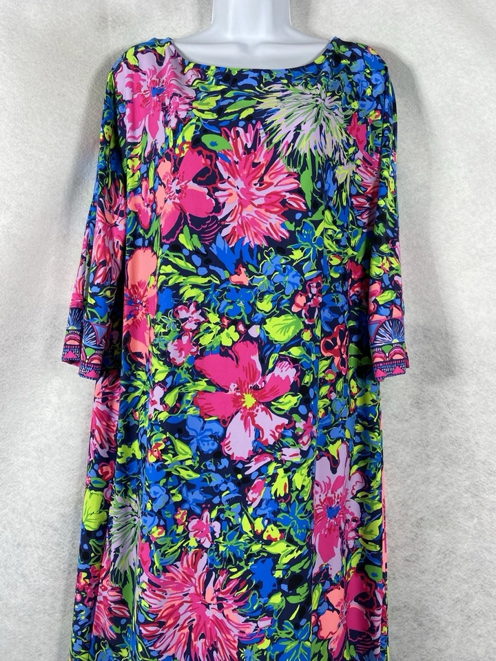 Lilly Pulitzer Sophie Dress XL Pink Blue Shift 3/4 Sleeves Boat Neck Floral - Image 2 of 4