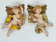 Pair of Fontanini Italy Cherub Angel Wall Hanging Decor 7.5" 1984 Harp Banjo