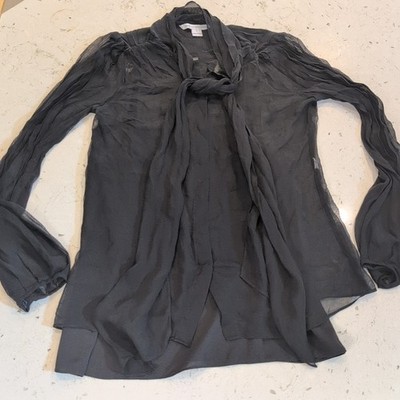 Diane Von Furstenberg Button Down Neck Tie Long Sleeve Sheer Blouse 6
