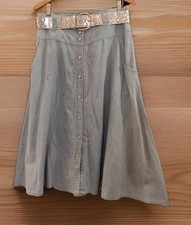 80s Venezia Vitale Denim Midi Skirt 18 Western Pearl Snaps Belted Hong Kong VTG