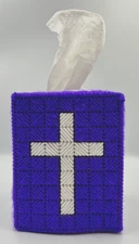 VTG Handmade Needlepoint on Plastic Tissue Box Holder Cover Purple White  Cross