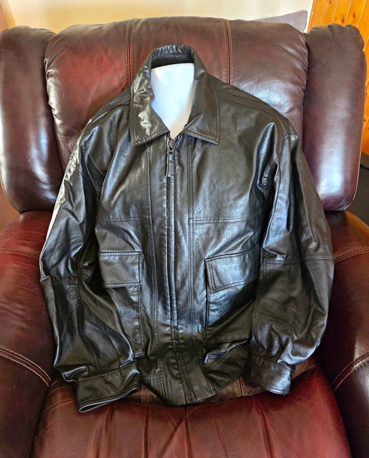 FREAK'S STORE Mens Black Faux Leather Bomber Jacket Full Zip Pockets Size L image 1
