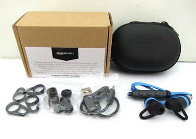 NEW Amazon Basics Wireless Bluetooth Fitness Headphones Earbuds Microphone Blue 
