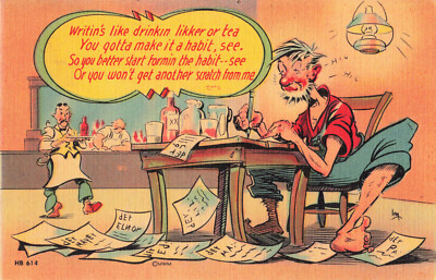 Postcard Humor Writin's Like Drinkin Likker or Tea Gotta Make It A Habit Linen