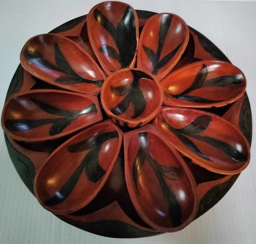 MCM Wood Lazy Susan Server & 9 Bowls /Hand Carved /Monkey Pod Wood? - Picture 8 of 9