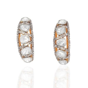 Authentic 925 Sterling Silver 18k Gold Plated Natural Diamond Top Polki Bali Hoop Earrings