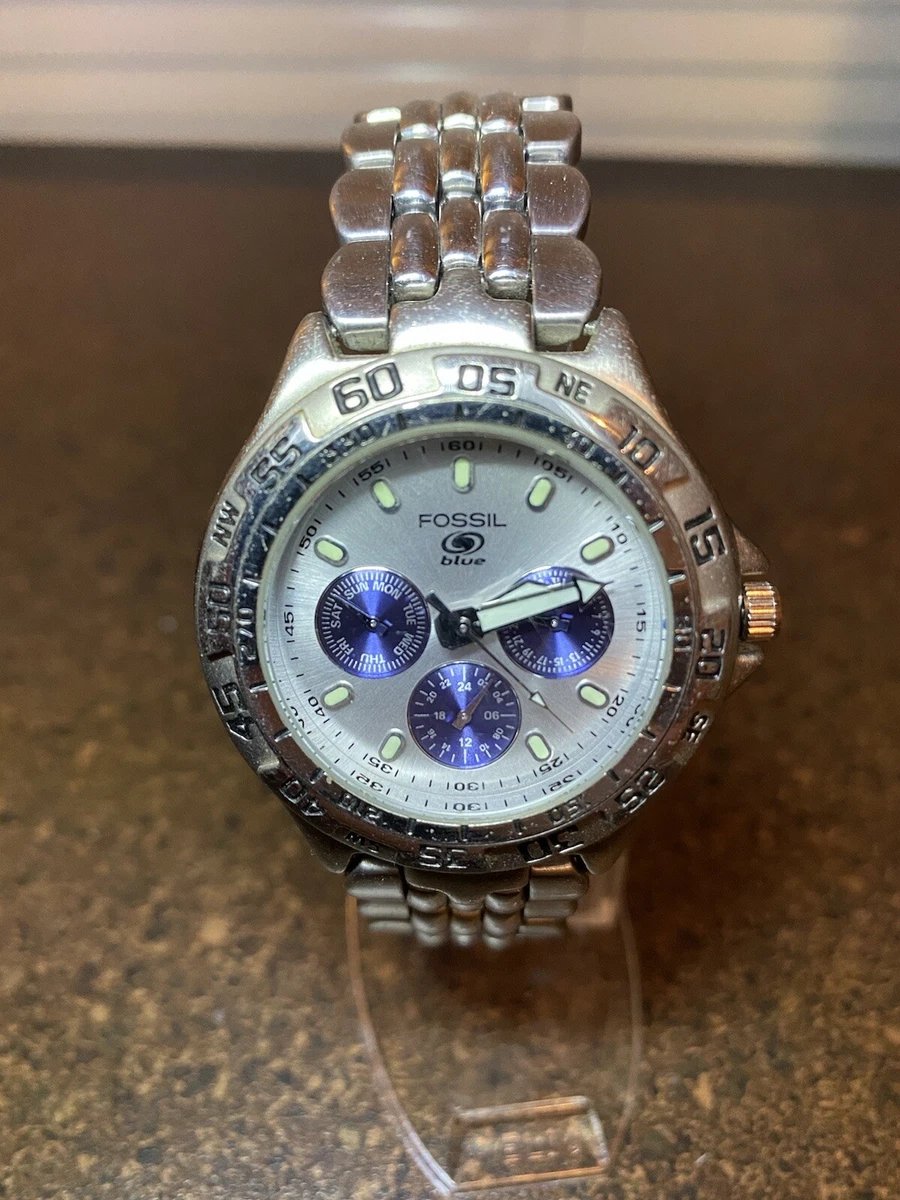 VINTAGE FOSSIL BLUE MENS QUARTZ WATCH BQ8775 3 SUB DIALS ROTATING BEZEL