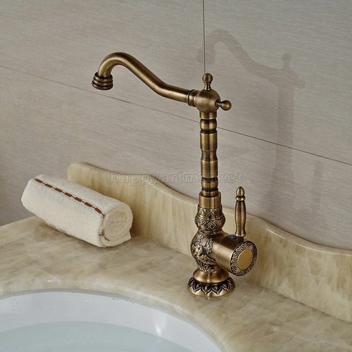 Antique Brass Bathroom Sink Faucet Art Flower Carved Swivel Spout Mixer Tap - Picture 2 of 7