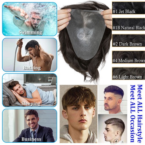 Mens Toupee 100% Human Hair Replacement System Lace Mono PU Base Fine Hair Piece - Picture 17 of 26
