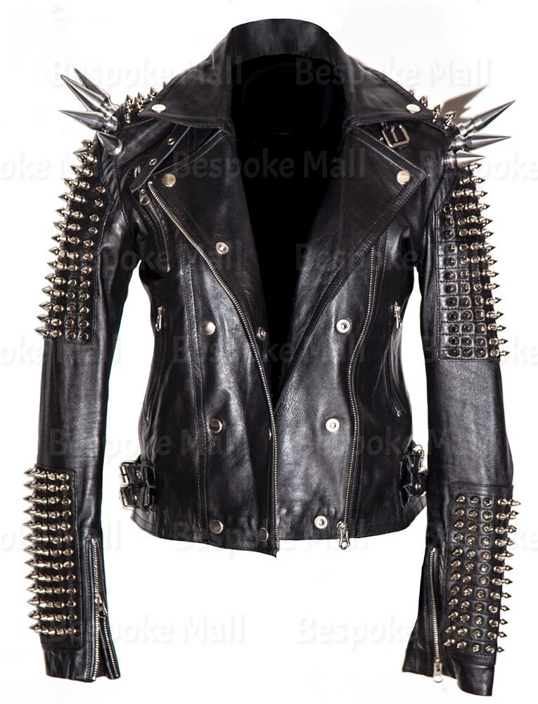 New Woman's Punk Black Silver Spiked Studded Unique Biker Leather