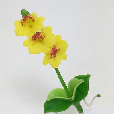 Yellow Phalaenopsis Orchid Flower Clay Plant in Owl Pot Dollhouse Miniature 1:12