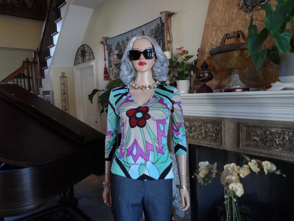 Blusa Etro Milano verde aguamarina estampado floral múltiple cuello en V talla IT 40 - US 4 Foto 2 de 4