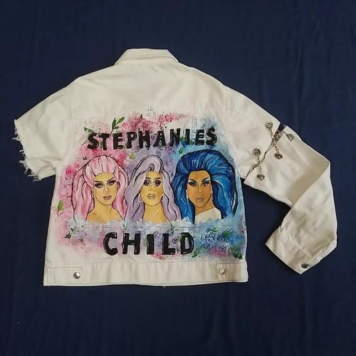 Hand Painted Denim Drag Customised Jacket Diva Fierce Glam Jacket White UK 14 - Picture 3 of 24