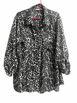 Cato Women Top Leopard Print Black-White Sz 22/24W  Roll Tab Sleeve Semi-Sheer