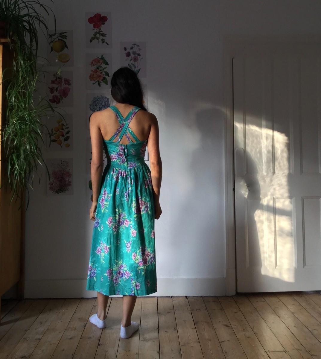 Vintage Laura Ashley 100% Cotton Summer Dress Floral Blue